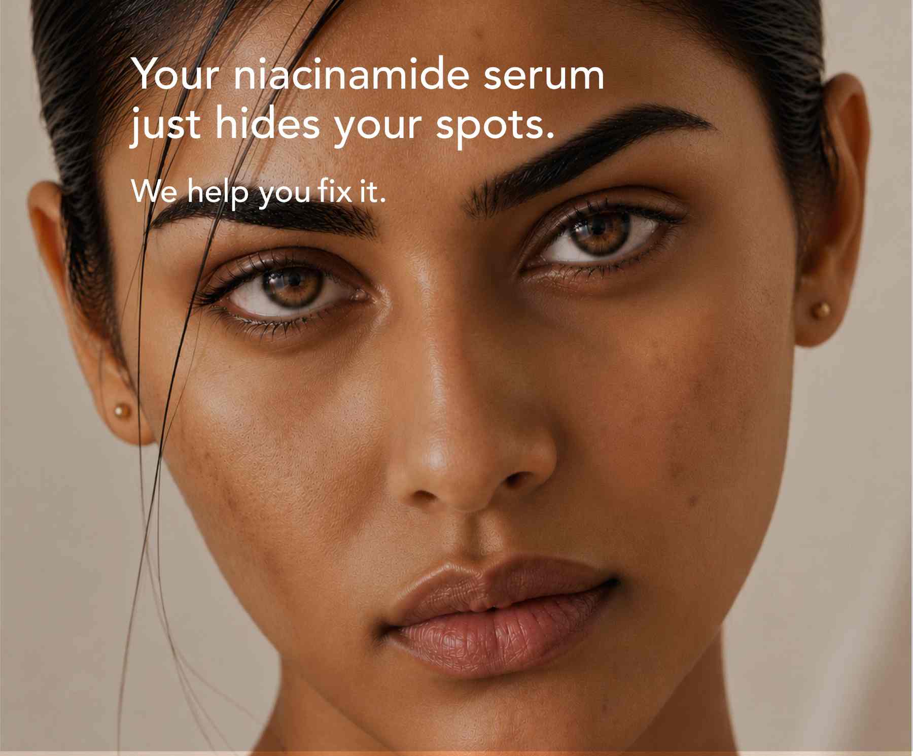 Close-up portrait of a woman with visible dark spots on her cheeks, with text about fixing pigmentation