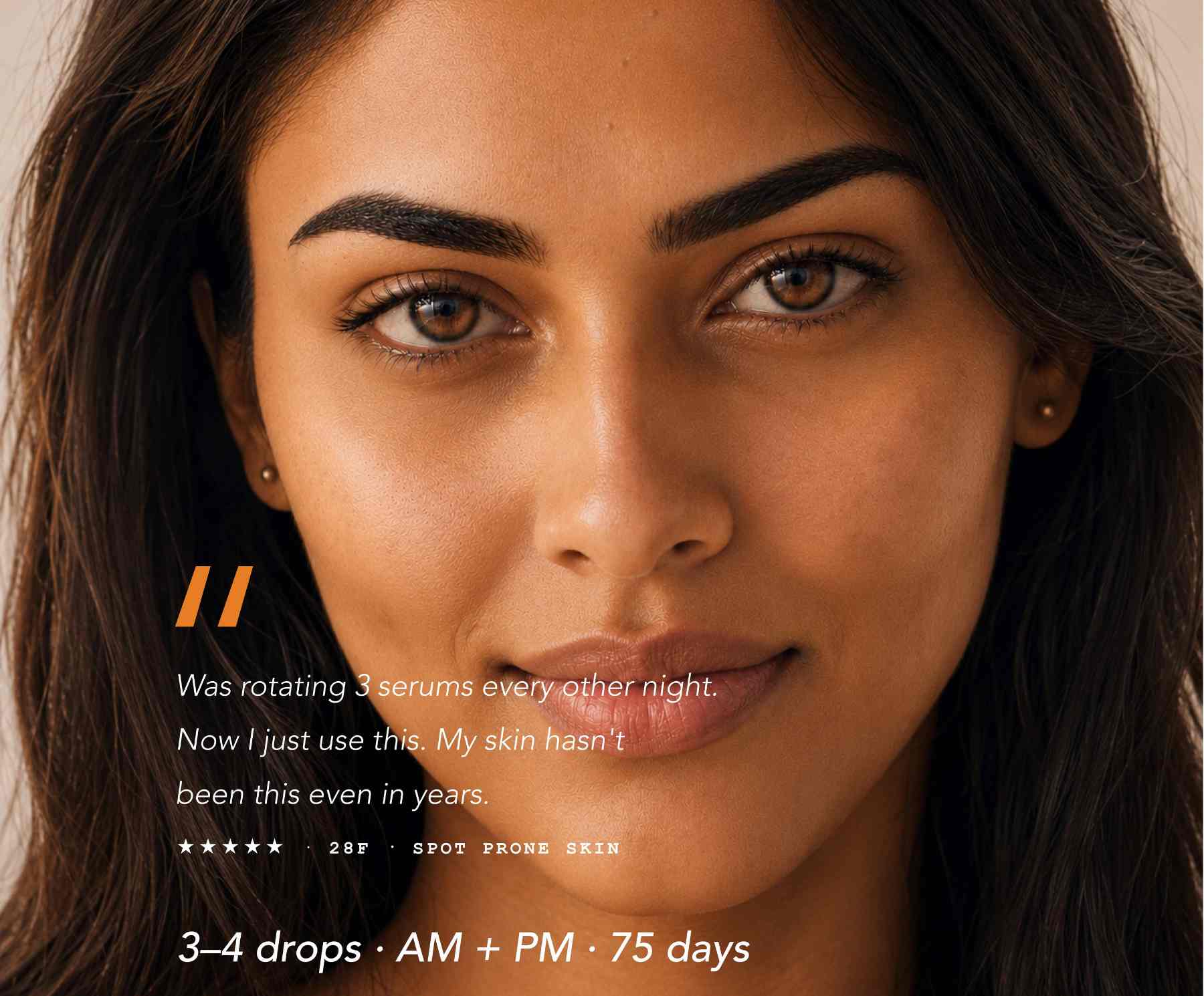 Close-up portrait of a smiling woman with a customer testimonial about her skin tone evening out